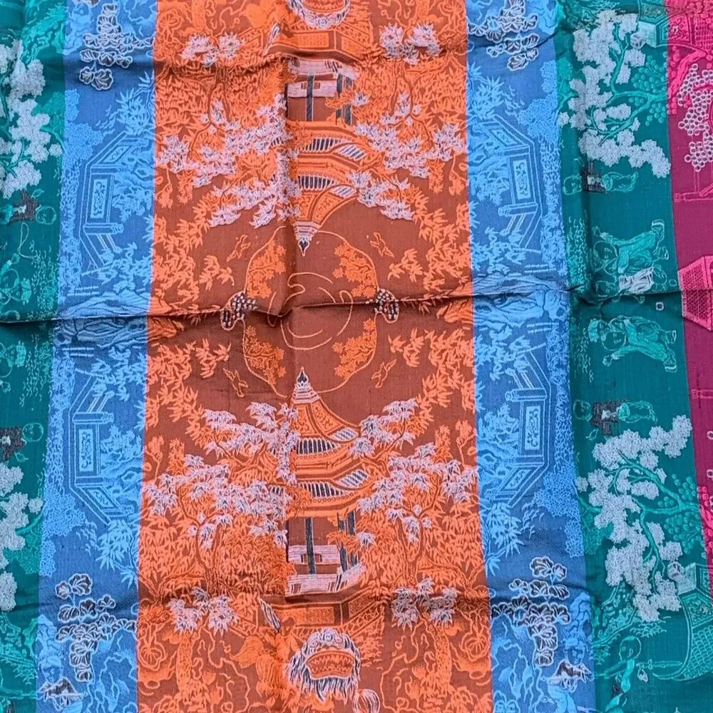 Vintage Asian Oriental Silk Brocade Reverse Image Weave Gold Table 39” X 36”